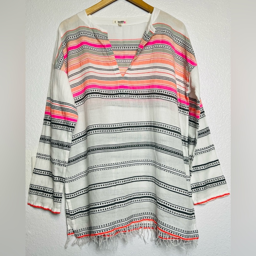 Lemlem By Liya Kebede Cotton Gauze Tunic Fringe White Large - Picture 1 of 6